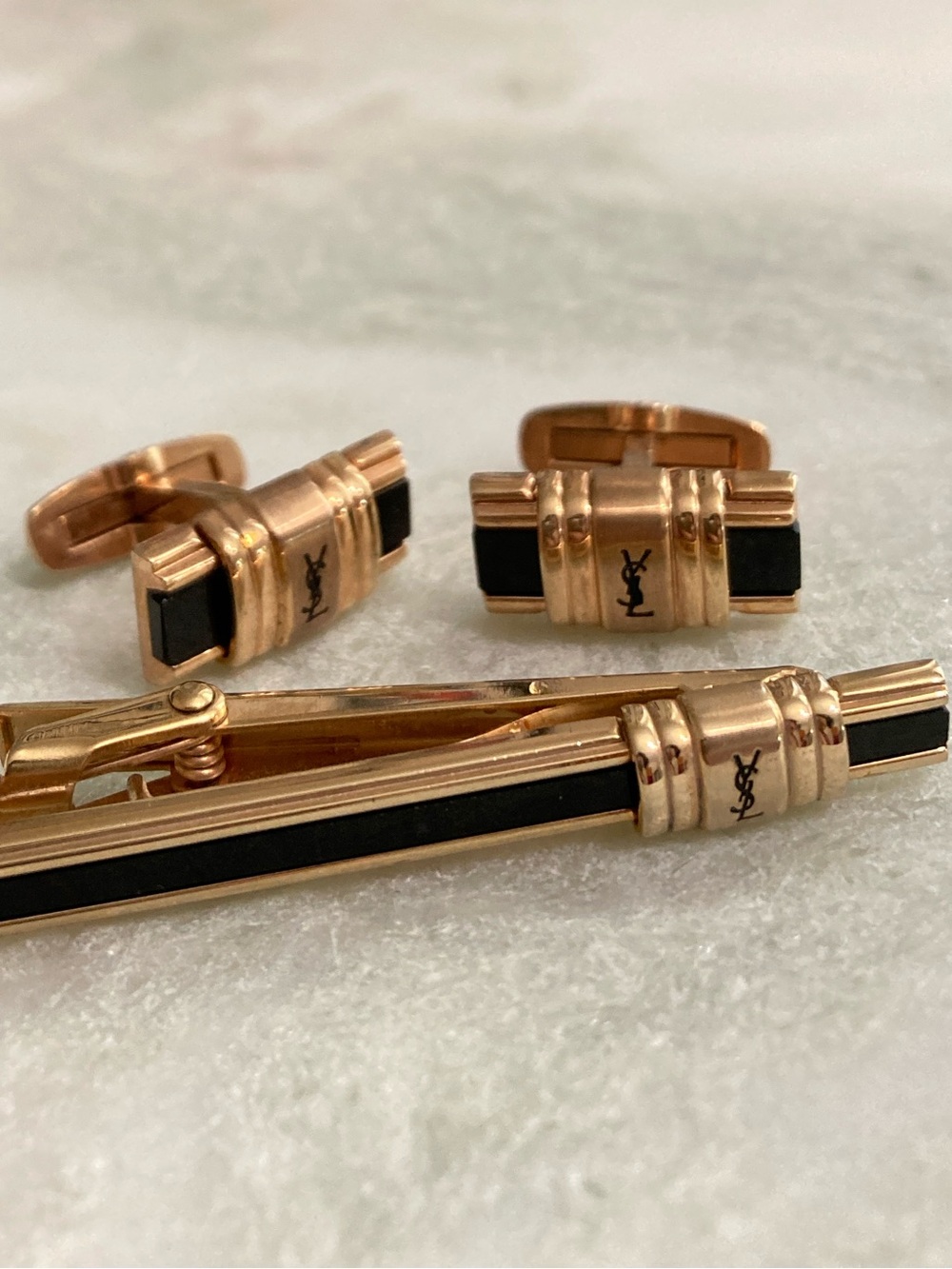 Vintage YSL Cuff Links + Tie Clip Set
